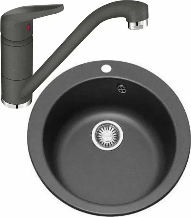 Set chiuveta bucatarie compozit Franke Single 1 cuva 50 cm tectonite finisaj negru mat cu baterie Novara Plus