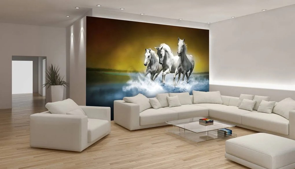 Fototapet - Calul alb în galop pe apă (152,5x104 cm)