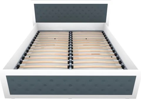 Pat Torino 160x200 cm cu somiera metalica rabatabila si lada, Alb / Piele ecologica Gri