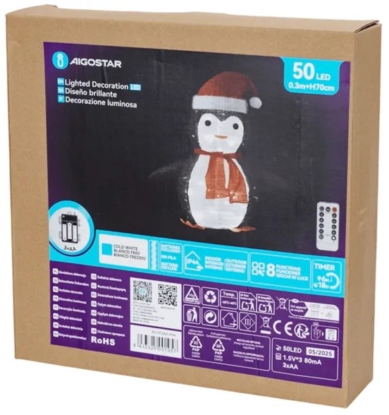 Aigostar - Pinguin luminos de Crăciun pentru exterior, 50 LED, alimentare 3x AA, IP44