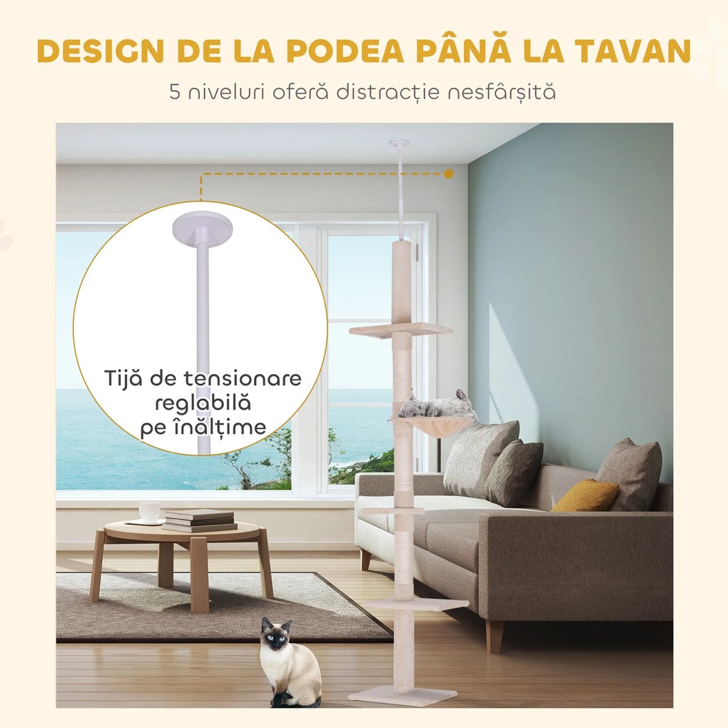 PawHut Centru de Joacă pentru Pisici cu Nivele Multiple, Hamac și Înălțime Reglabilă, 40x34x230-260cm, Bej | Aosom Romania