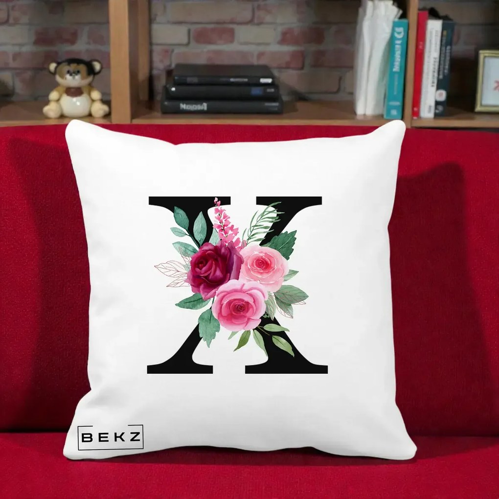 Cadou Personalizat - Perna Personalizata Monograma Florala Litera X cu Buchet, 40x40 cm, Alba Mata, Husa Detasabila, Perna Inclusa, BEKZ®
