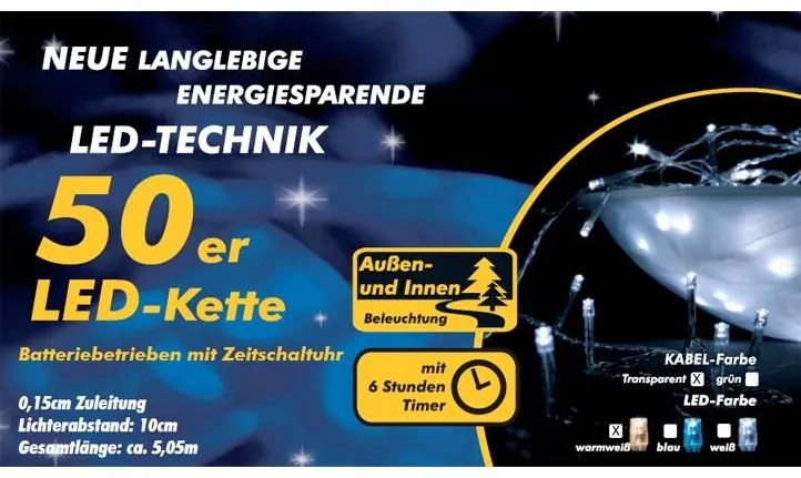 LED lanț de Crăciun- 5m, 50 diode, alb cald