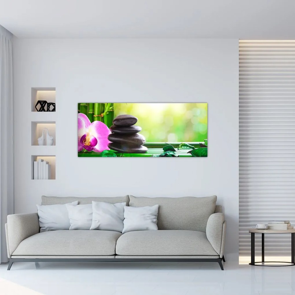 Tablou cu pietre pentru masaj și orhidee (120x50 cm)