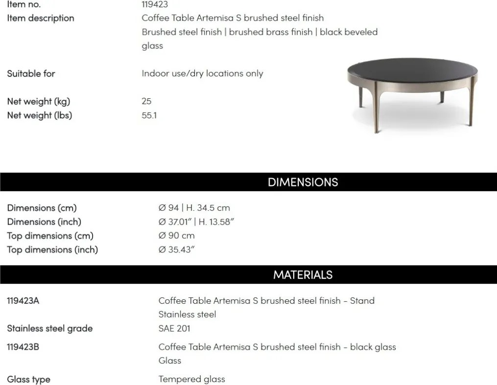 Masuta de Cafea Design LUX, Otel, Sticla, Negru, Artemisa