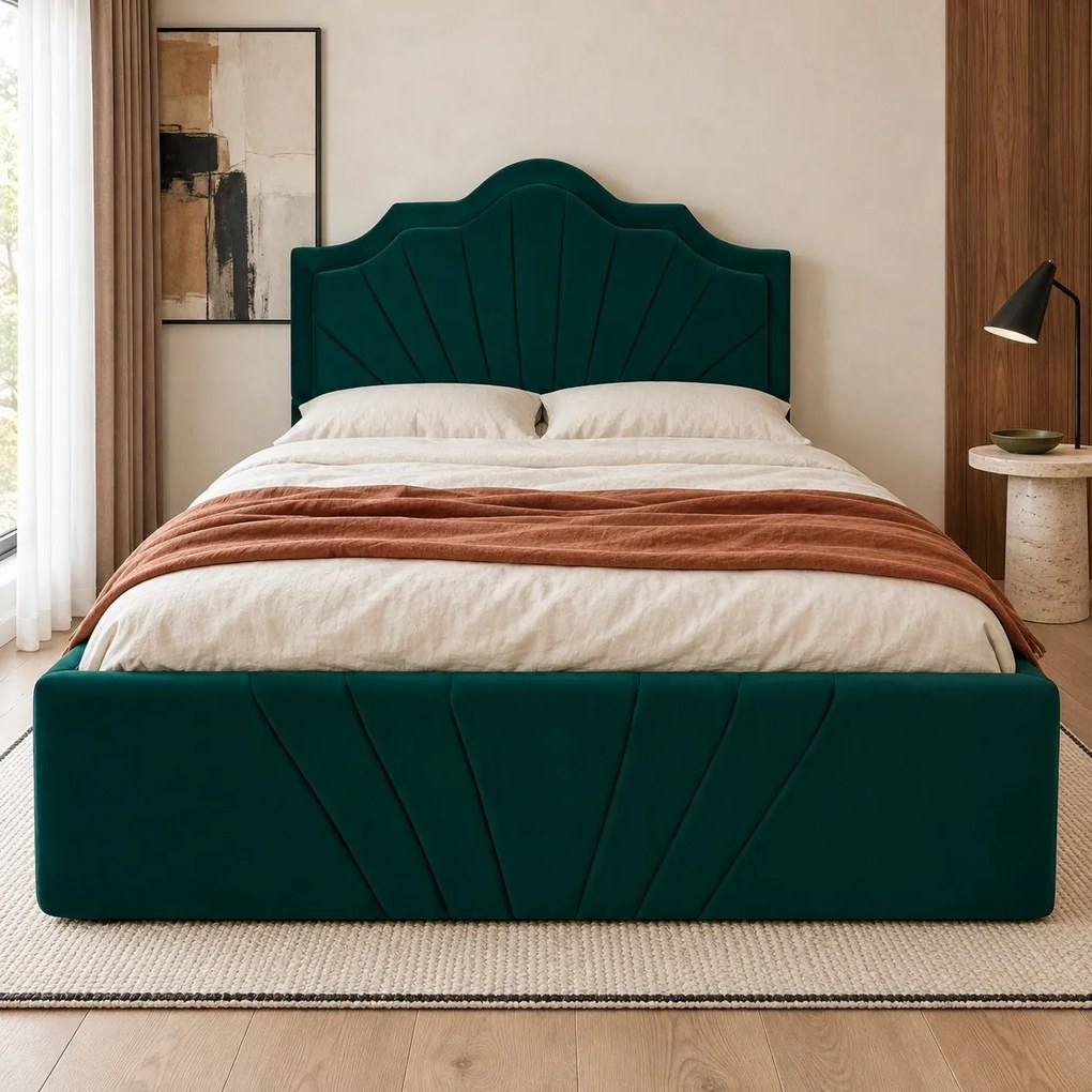 Pat tapițat din catifea Imperio cu linii 160×200 cm, verde, cu ladă de depozitare