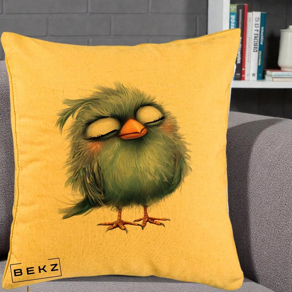 Perna Decorativa Pui Pufos Albastru Adormit, 40x40 cm, Galben, Husa Detasabila, Perna Inclusa, BEKZ®