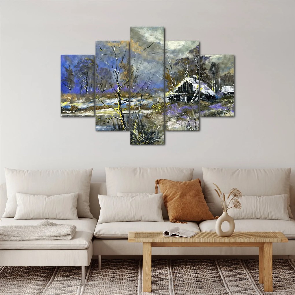 Tablou -Cabane într-un peisaj de iarnă, pictură în ulei (150x105 cm)