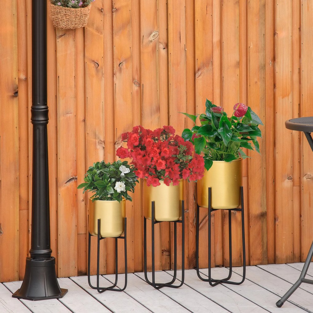 Outsunny Jardiniera Set de 3 Piese Ghivece Inaltate Auriu cu Suport din Metal pentru Amenajare la Interior si Exterior | Aosom Romania