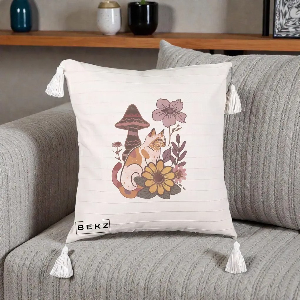 Perna Decorativa Pisica Vintage Florala Boho, 40x40 cm, Bej cu Franjuri, Husa Detasabila, Perna Inclusa, BEKZ®