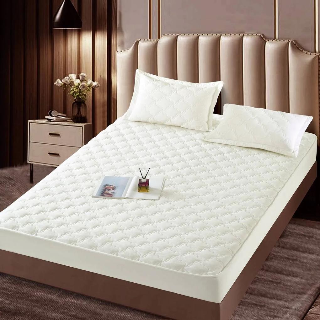 Husa de pat matlasata si 2 fete de perne din catifea, cu elastic, model tip topper, pentru saltea 140x200 cm, alb, HTC-26