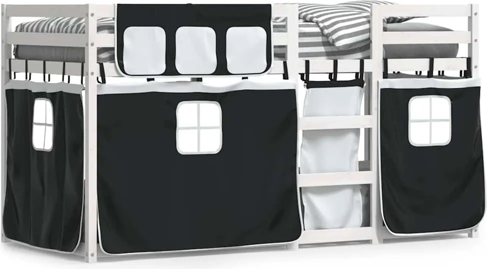 vidaXL Pat supraetajat de copii perdele, alb/negru, 75x190 cm lemn pin