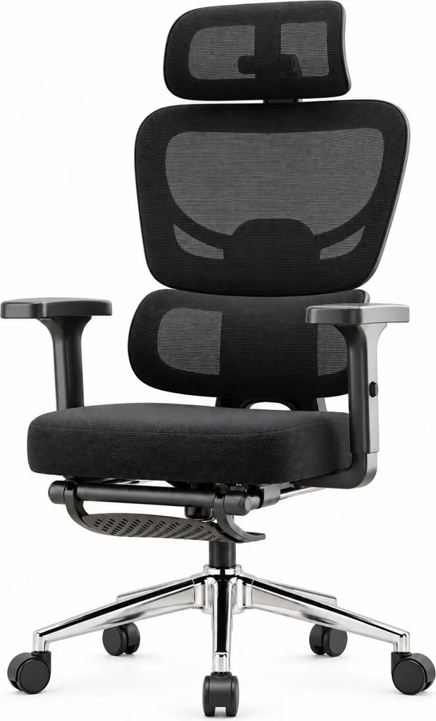 VARENO-H – Scaun ergonomic cu tetieră 4D, șezut culisant, suport lombar, cotiere 3D, reclinare 135°, suport pentru picioare, Negru