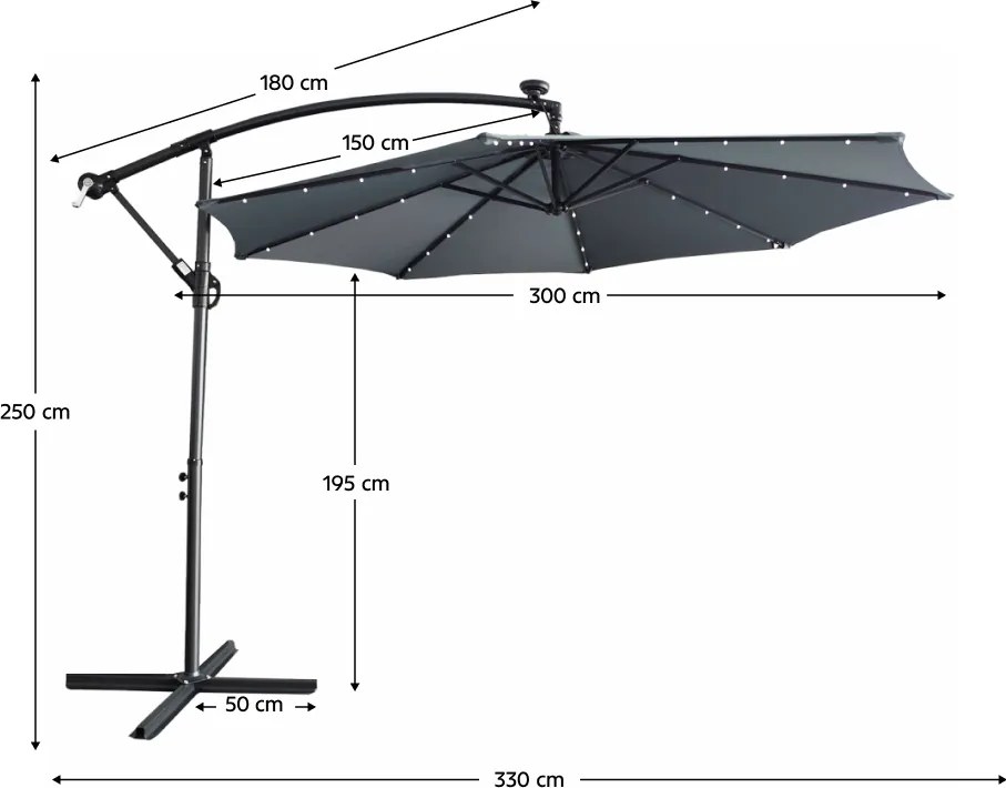 Umbrelă de soare de grădină LED, gri, 3 m, LINDAN