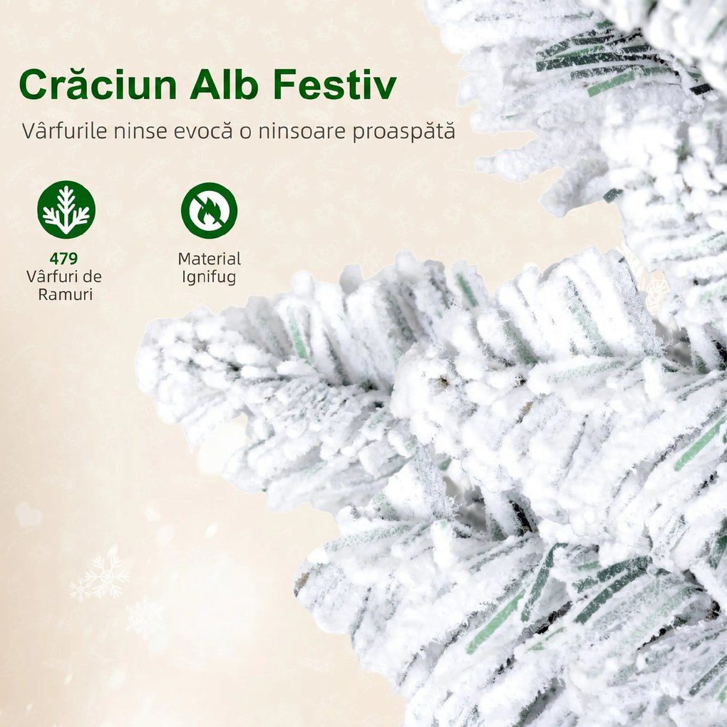 HOMCOM Brad de Crăciun Înzăpezit cu 180 de Lumini LED cu 11 Efecte și 479 de Ramuri, Ø65x180 cm, Verde și Alb | Aosom Romania