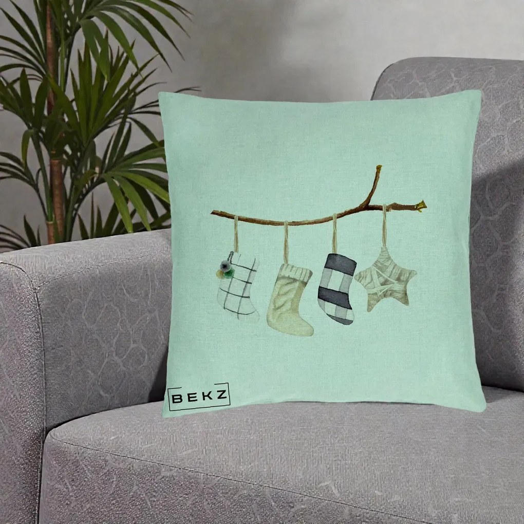 Perna Decorativa Ciorapi de Craciun pe Ramura, 40x40 cm, Verde Menta, Husa Detasabila, Perna Inclusa, BEKZ®