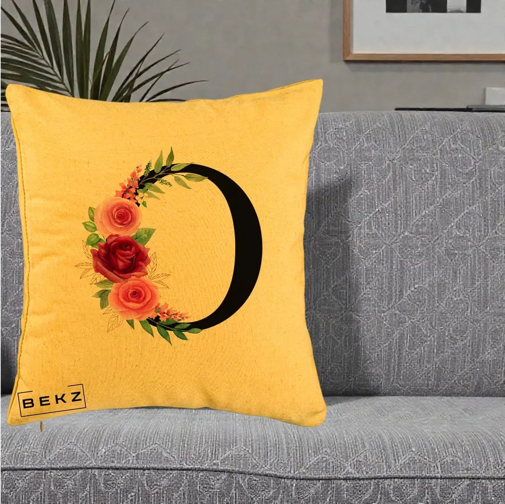 Cadou Personalizat - Perna Personalizata Monograma Florala Litera O, 40x40 cm, Galben, Husa Detasabila, Perna Inclusa, BEKZ®