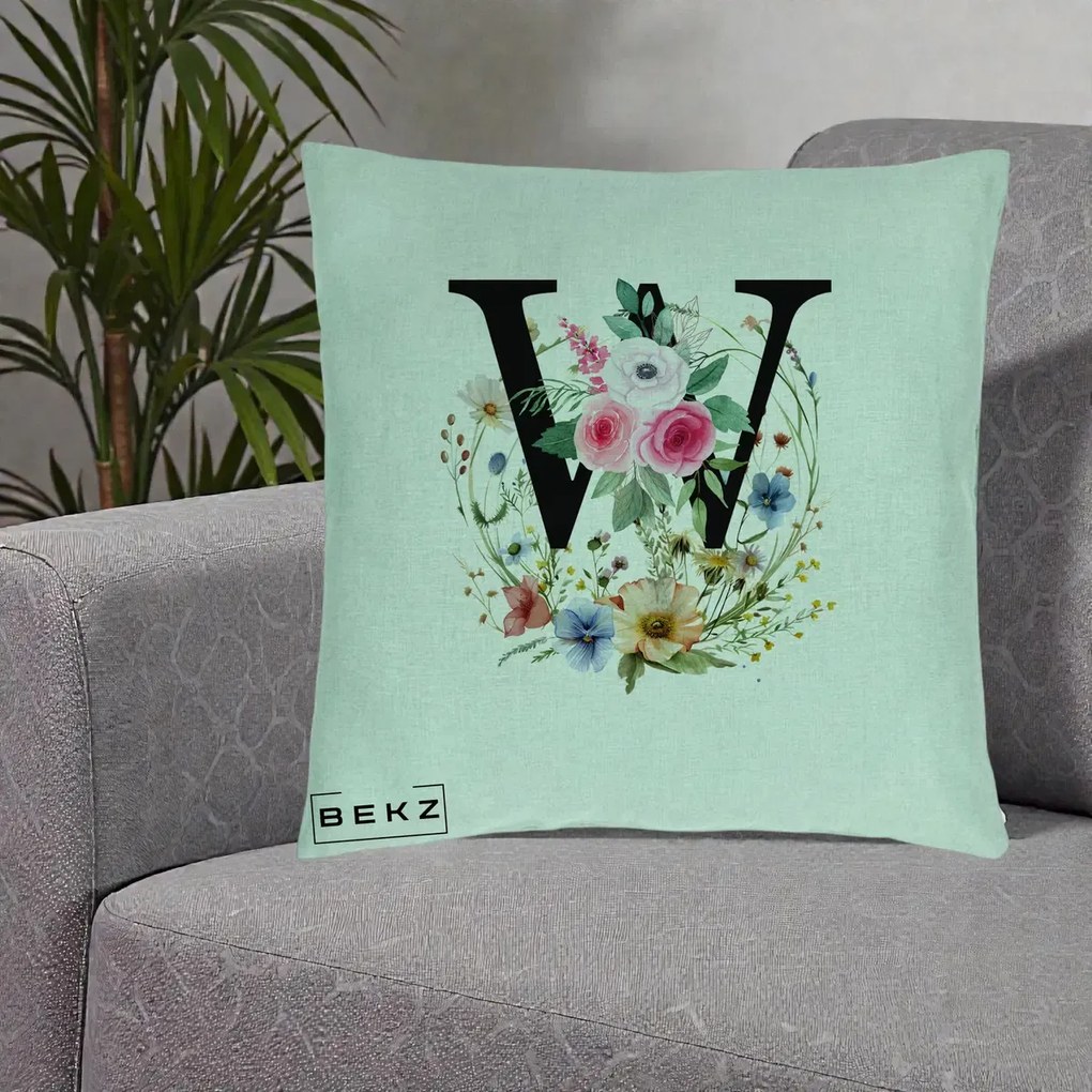 Cadou Personalizat - Perna Personalizata Monograma Florala Litera W, 40x40 cm, Verde Menta, Husa Detasabila, Perna Inclusa, BEKZ®