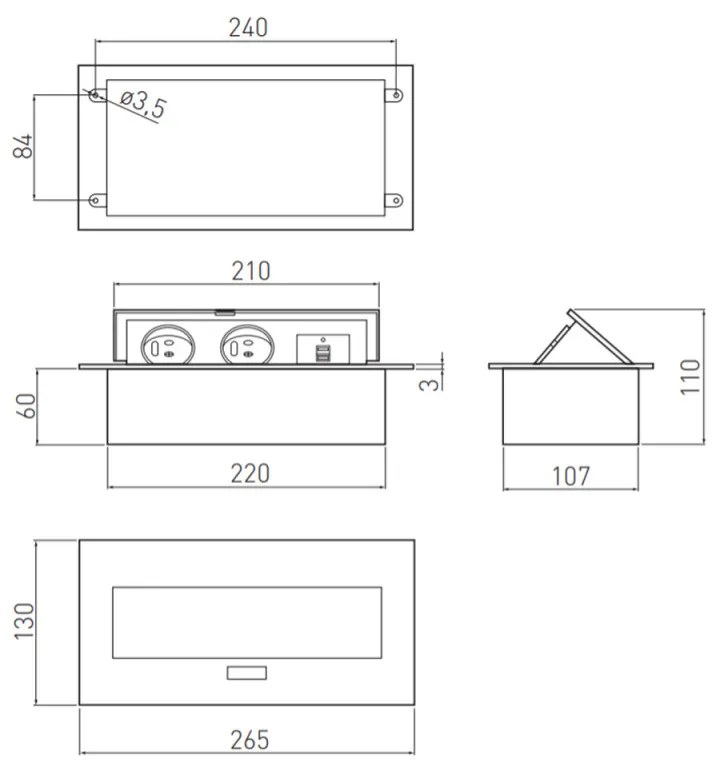 Priza incastrabila dreptunghiulara, 2 prize scuko + 2 USB 5V 2.1A, fara cablu, neagra, prize albe, GTV