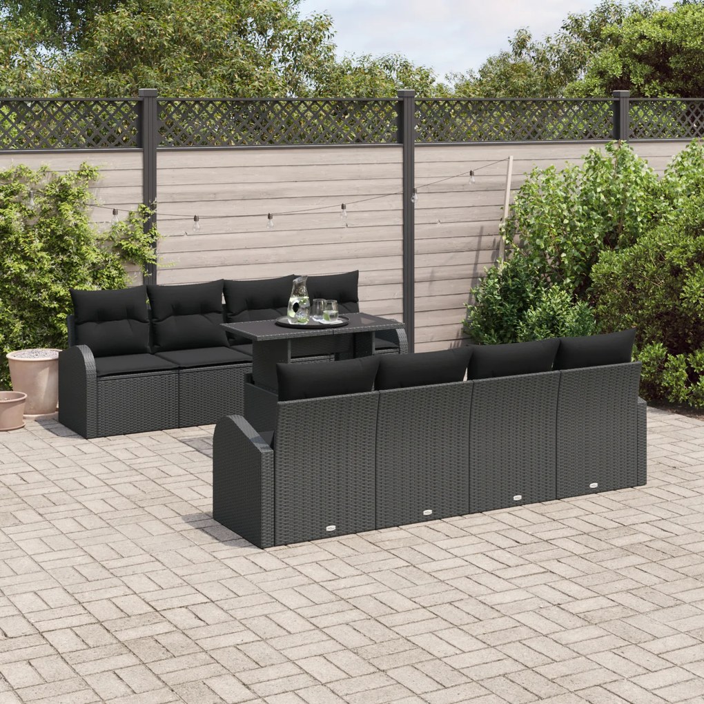 vidaXL Set de Canapele pentru Grădină cu 9 Piese și Perne Negre din Rattan Polimeric