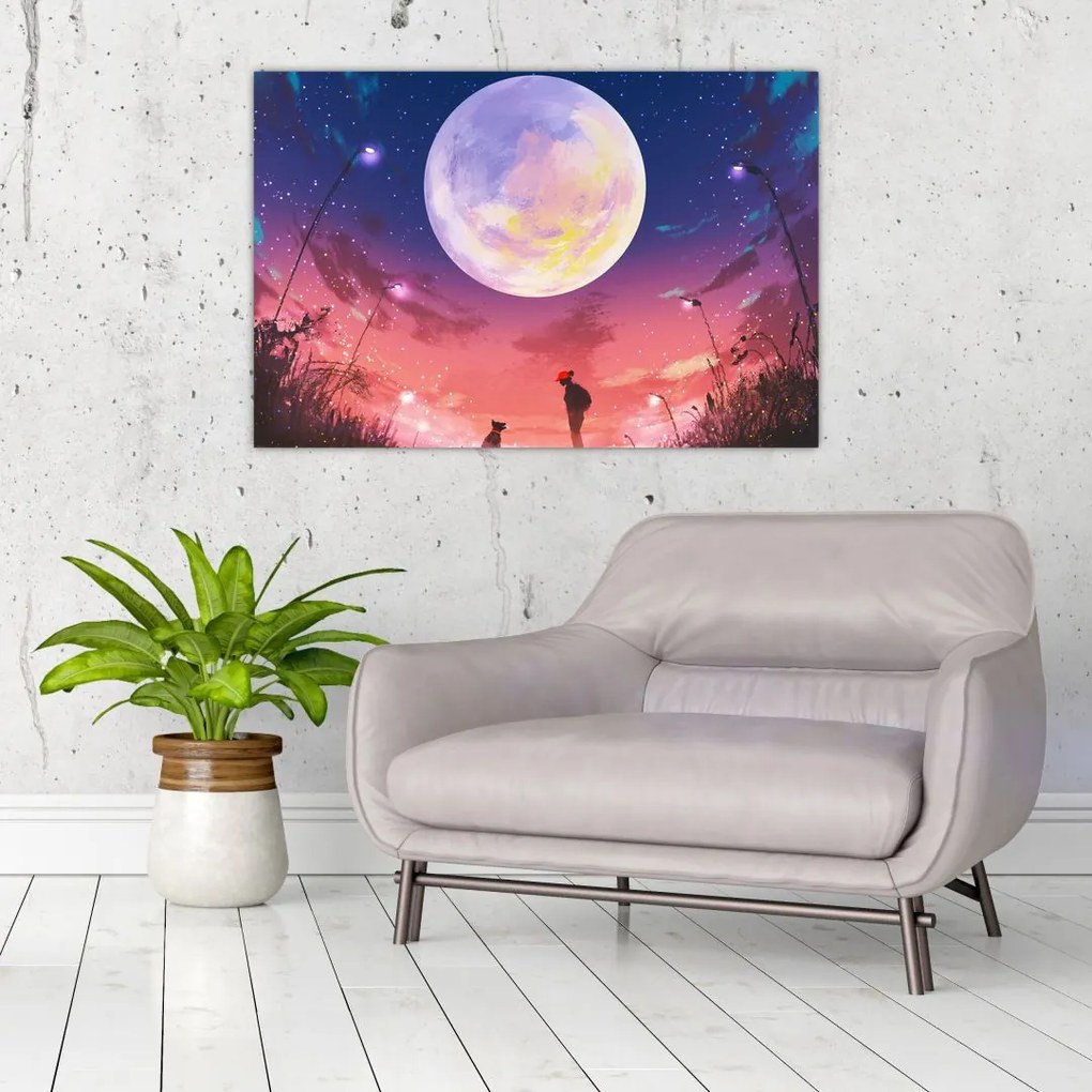 Tablou - Femeie și câine pe lună plină (90x60 cm)