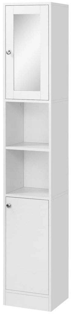Dulap inalt pentru baie cu oglinda, coloana de baie din lemn cu 2 rafturi deschise, 2 usi si polite interioare ajustabile 30x28x180 cm Alb | Aosom Romania