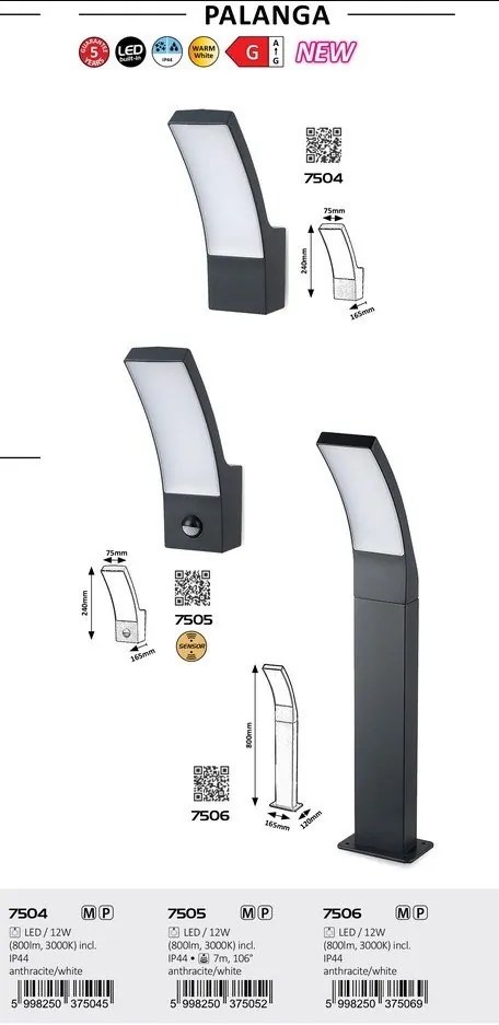 Stalp mediu pentru iluminat exterior IP44 Palanga antracit, alb