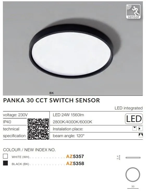 Plafoniera LED slim cu senzor de miscare si protectie IP40 PANKA 30 CCT alb