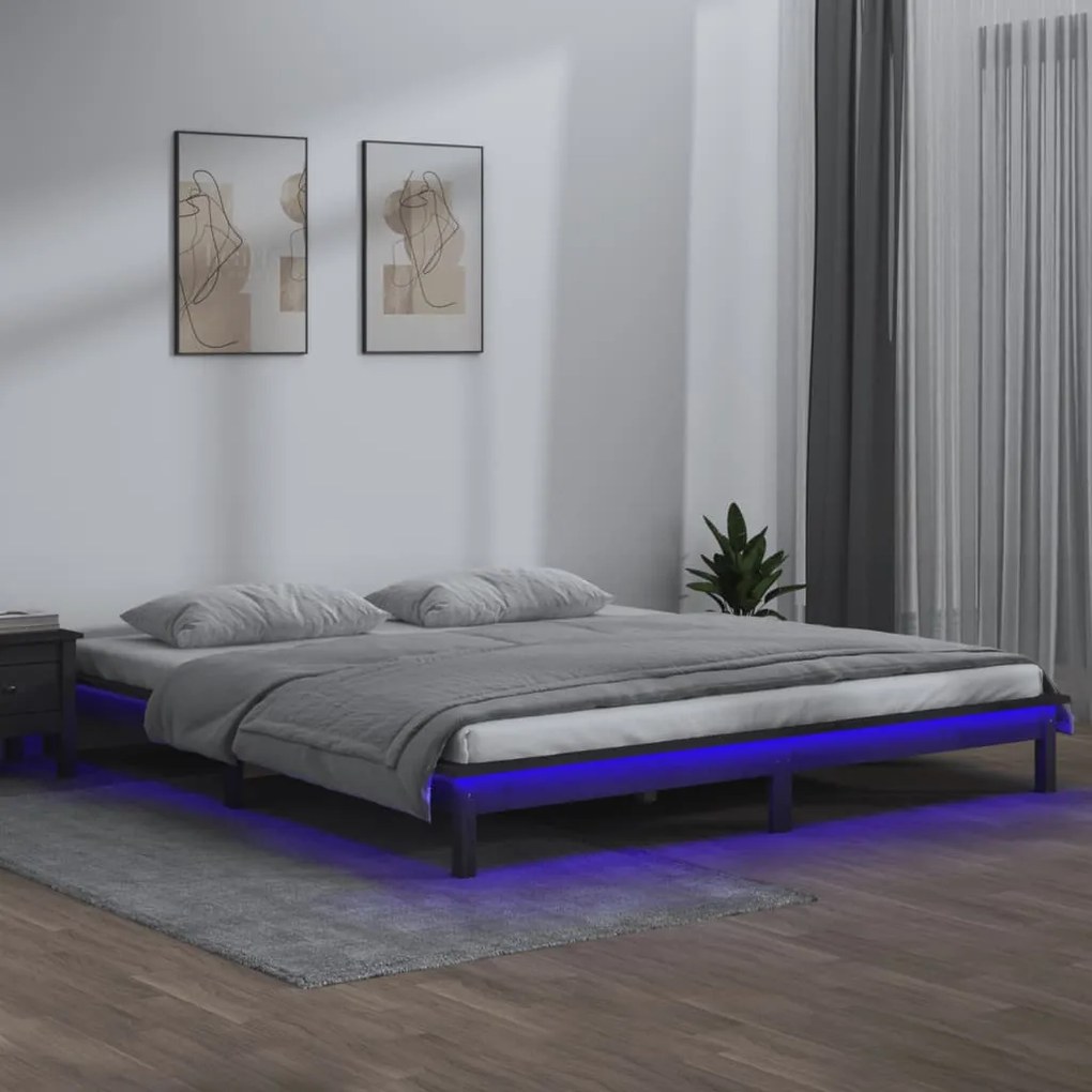 Cadru de pat cu LED, gri, 160x200 cm, lemn masiv Gri, 160 x 200 cm