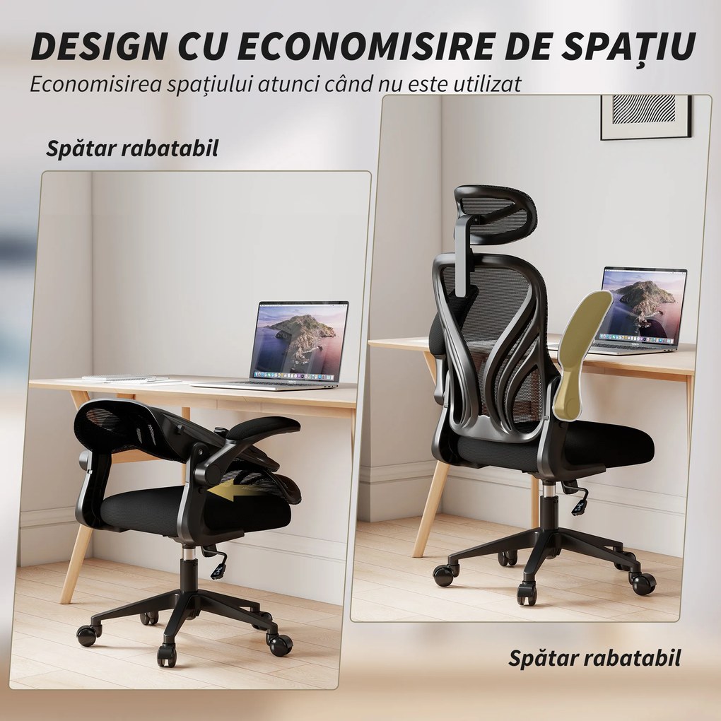 HOMCOM Scaun de Birou Ergonomic cu Brațe Rabatabile și Spătar Pliabil, Scaun de Birou cu Funcție Balansoar, Tetieră Reglabilă, Șezut Rotativ, Negru | Aosom Romania