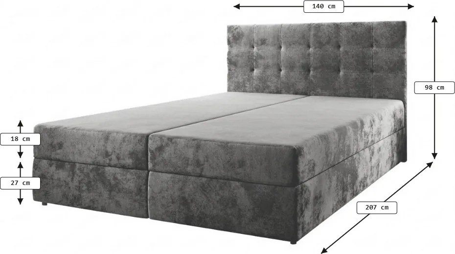 Pat tapițat boxspring GLORIEN VELVET 140x200 cm albastru Saltea: Saltea cu arcuri Bonell