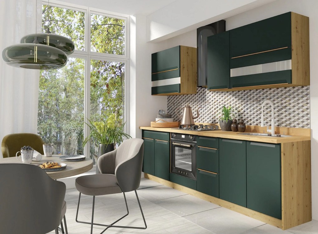 Set bucatarie GLAMOUR A, carcasa stejar artisan/fronturi verde mat, PA