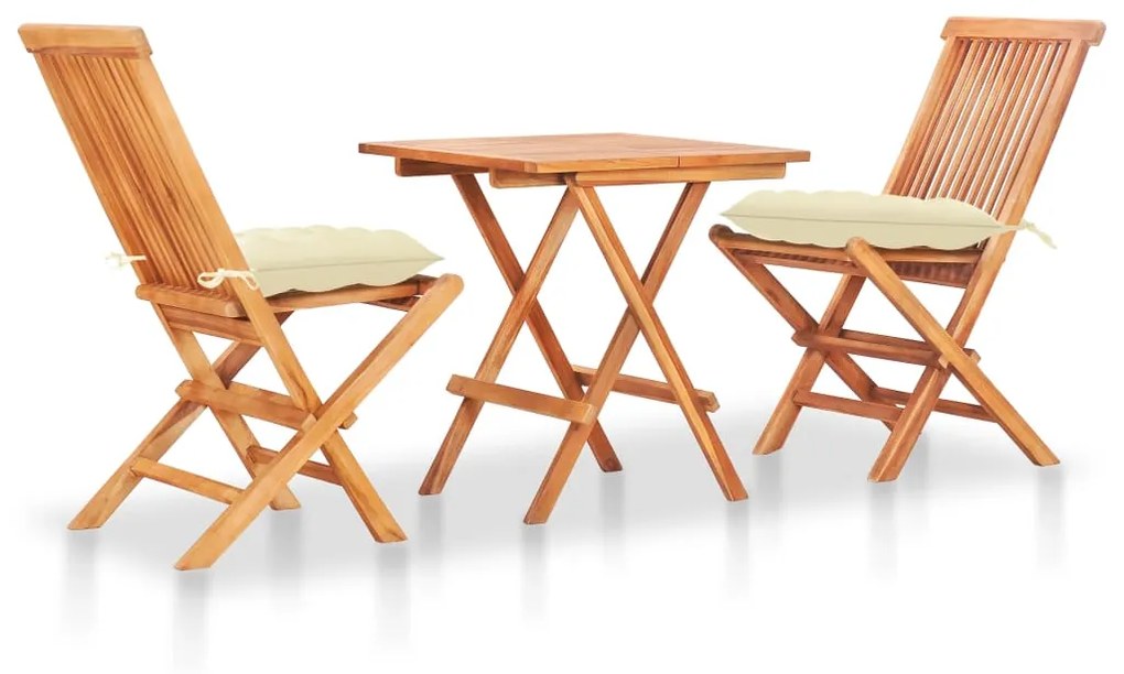 3063242 vidaXL Set mobilier de bistro, 3 piese, cu perne crem, lemn masiv tec