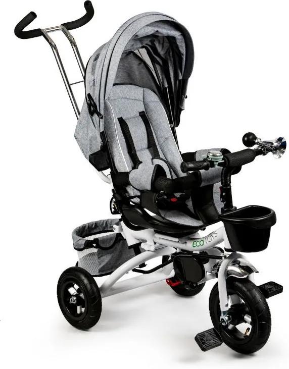 Tricicleta cu scaun rotativ, maner parental, copertina, cos depozitare, suport picioare, centura, culoare gri