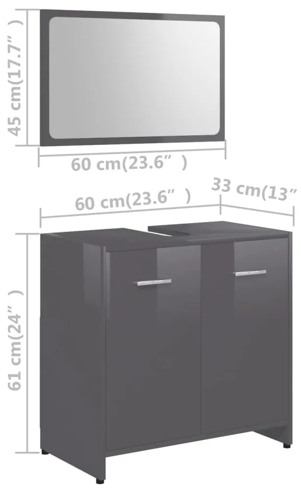 Set mobilier de baie, 3 piese, gri extralucios, PAL gri foarte lucios, 1