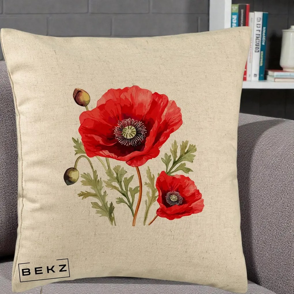 Perna Decorativa Maci Rosii Acuarela, 40x40 cm, Bej, Husa Detasabila, Perna Inclusa, BEKZ®