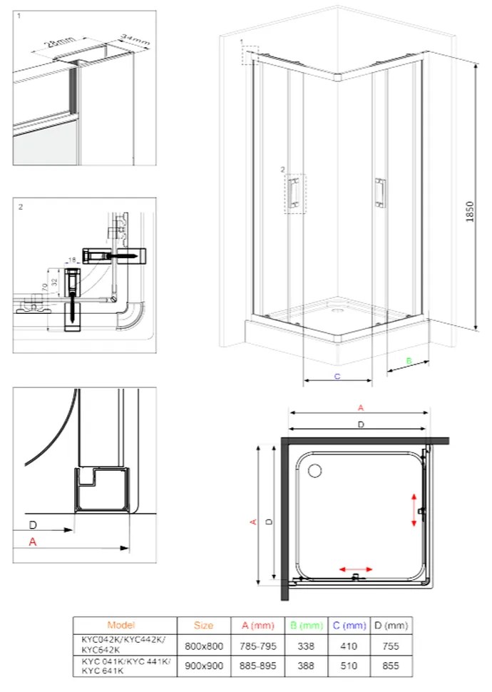 Cabina dus patrata 80x80 cm sticla grafit cu usi culisante Deante, Funkia 800x800 mm