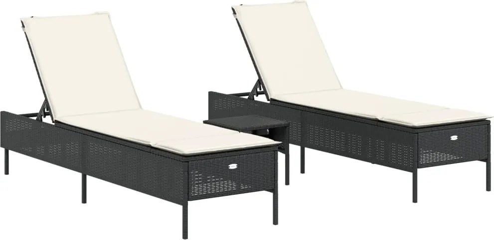 vidaXL Set de șezlonguri, 3 piese, cu pernă, poliratan negru