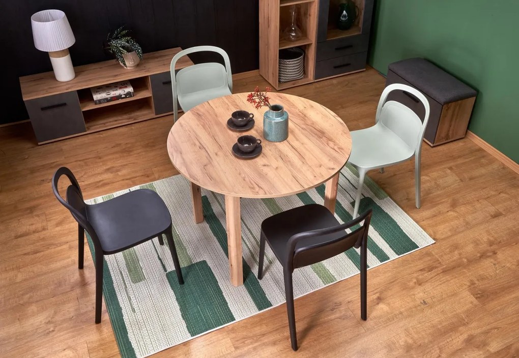 Set masa extensibila Ringo stejar craft L102-142 cm + 2 scaune K490 menta + 2 scaune K490 negru