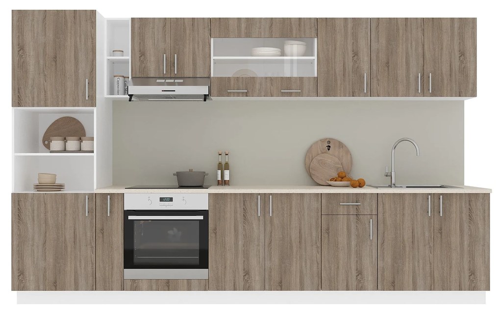 Set Bucatarie Karo V33, Stejar Sonoma Inchis/Alb, Blat Thermo 28 mm, L 340 cm