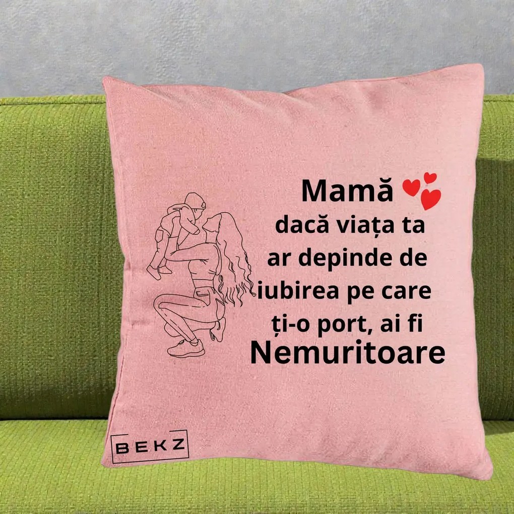 Cadou pentru Mama - Perna Personalizata Mama Nemuritoare Portret Graphic, 40x40 cm, Roz, Husa Detasabila, Perna Inclusa, BEKZ®