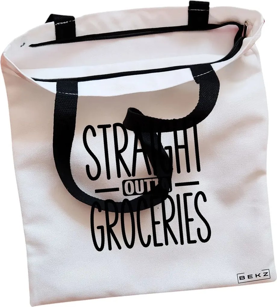 Sacosa de Panza pentru Cumparaturi, Geanta Tote, model Straight Outta Groceries, Cu fermoar, 38x34.5 cm, Alba, BEKZ®