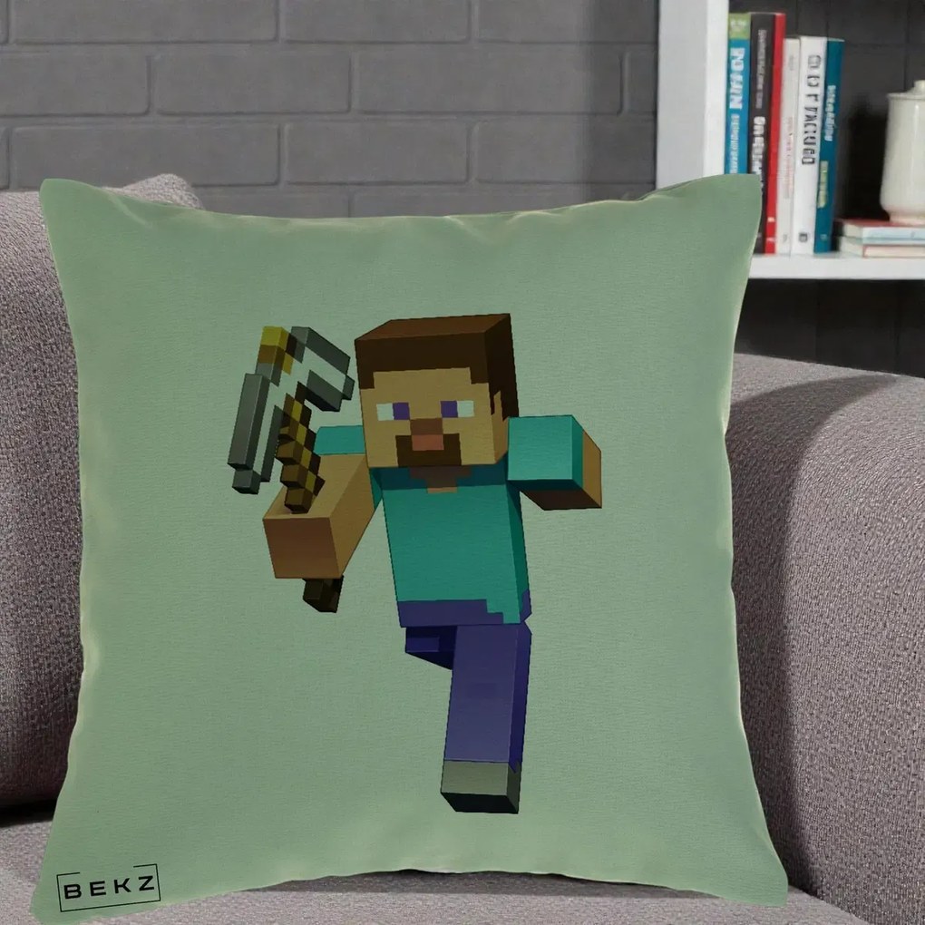 Perna Personalizata Minecraft Steve, 40x40 cm, Verde, Husa Detasabila, Perna Inclusa, BEKZ®