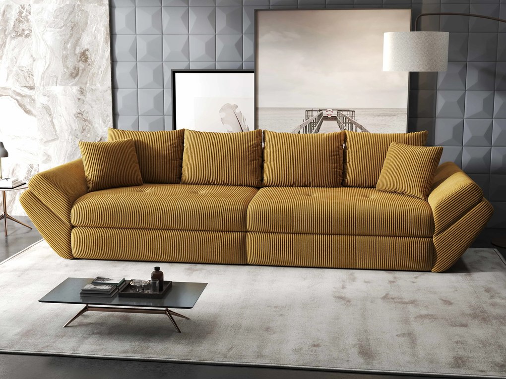 Canapea extensibilă dumonde cu ladă de depozitare si sezut confortabil din spuma high-density, Loana Zoom Mustar 300x100 cm