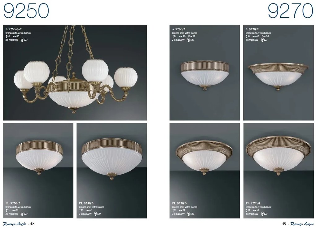Candelabru cu 6 brate clasic design italian din alama, sticla 9250 RA-L. 9250/6+2