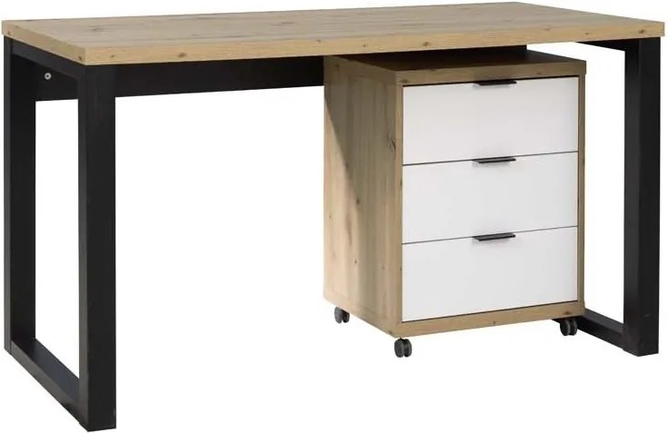 Birou MARO I – 135x65x75.2 cm – Stejar Artisan / Negru+Alb