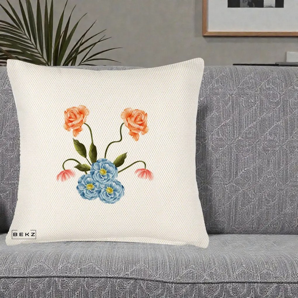 Perna Decorativa Trandafiri si Bujori Acuarela, 40x40 cm, Crem Reliefat, Husa Detasabila, Perna Inclusa, BEKZ®