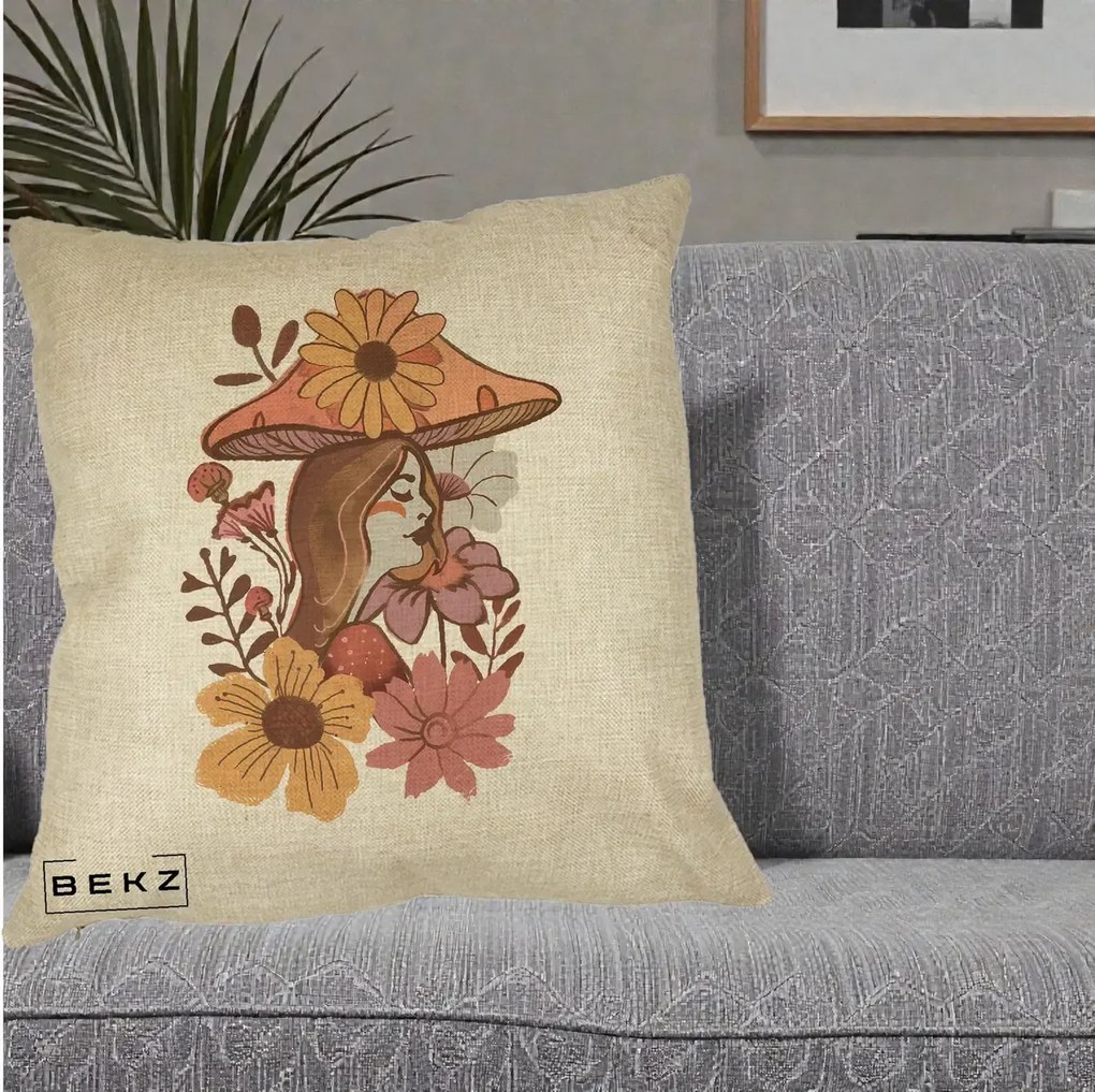Perna Decorativa Fata Ciuperca Florala Boho, 40x40 cm, Crem, Husa Detasabila, Perna Inclusa, BEKZ®