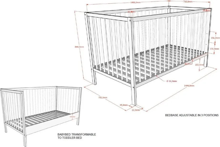 Pătuț maro din lemn de fag cu latură detașabilă/cu înălțime reglabilă 70x140 cm Dino – Vipack
