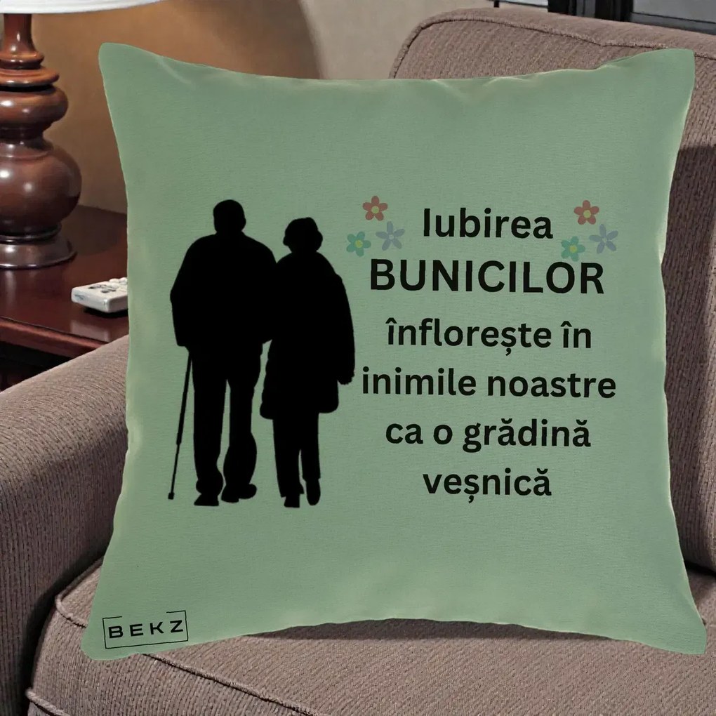 Cadou pentru Bunici - Perna Personalizata Bunicii Iubirea Infloreste Silueta Neagra Flori, 40x40 cm, Verde, Husa Detasabila, Perna Inclusa, BEKZ®